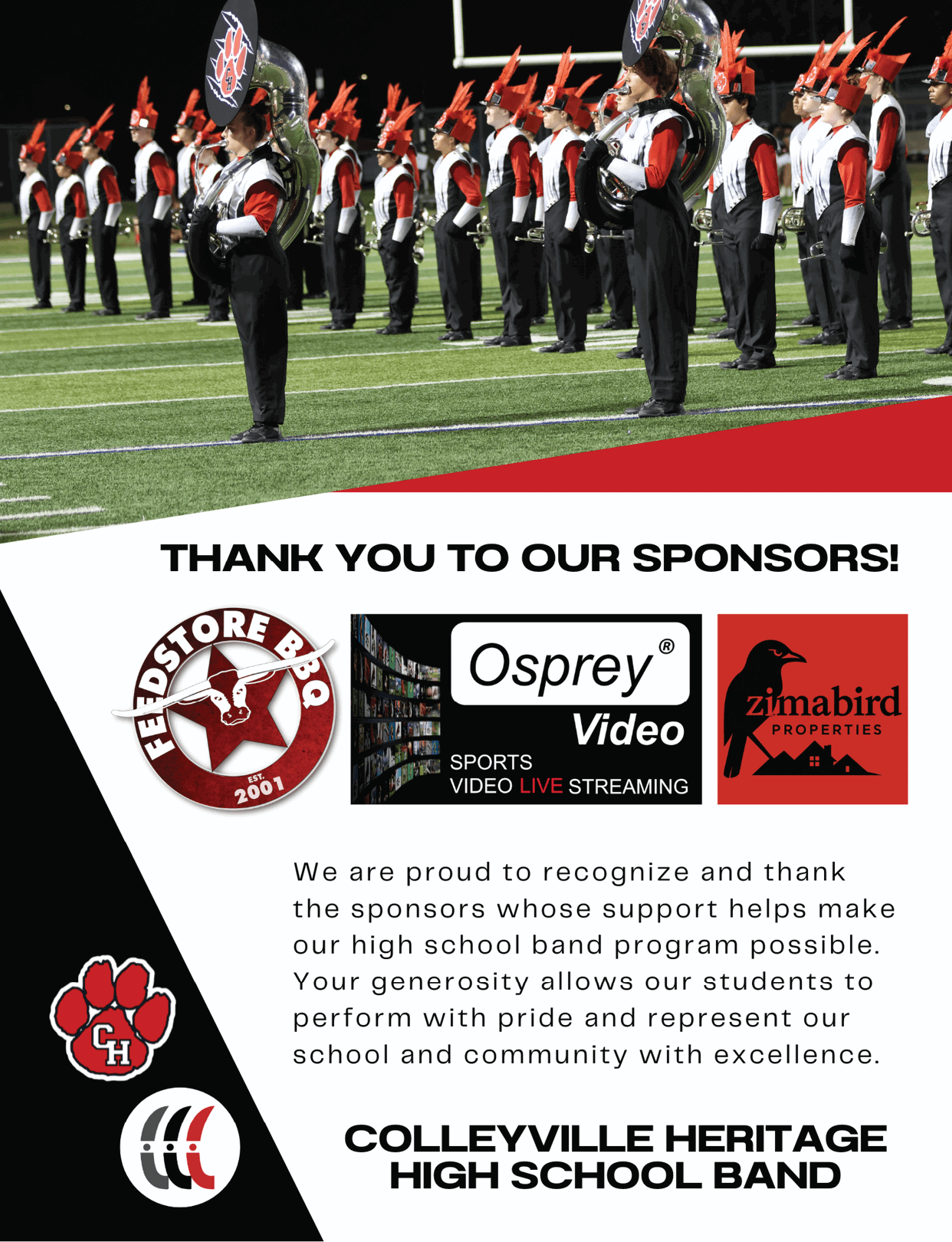 A high school marching band in uniform stands in formation on a football field with a thank you message to sponsors and logos for Feedstore BBQ, Osprey Video, and Zimabird Properties below. Description generated by AI