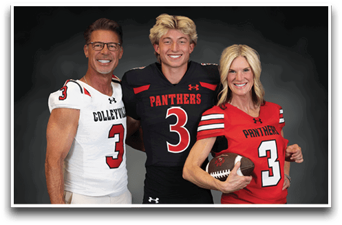 Three adults wearing football jerseys with the number 3 pose smiling against a dark background, with one holding a football. Description generated by AI