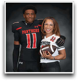 A person in a football uniform with the word Panthers and number 11 stands next to another person wearing glasses and a senior football jersey holding a football, both smiling against a dark background. Description generated by AI