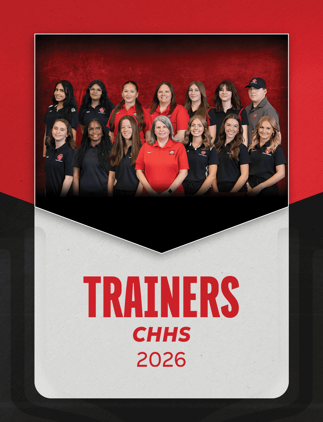 A group of adults wearing matching red and black shirts pose together under the bold title “TRAINERS" with "CHHS 2026" written below on a red, black, and white background. Description generated by AI
