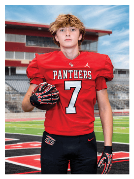 A football player wearing a blue and red jersey. Description generated by AI