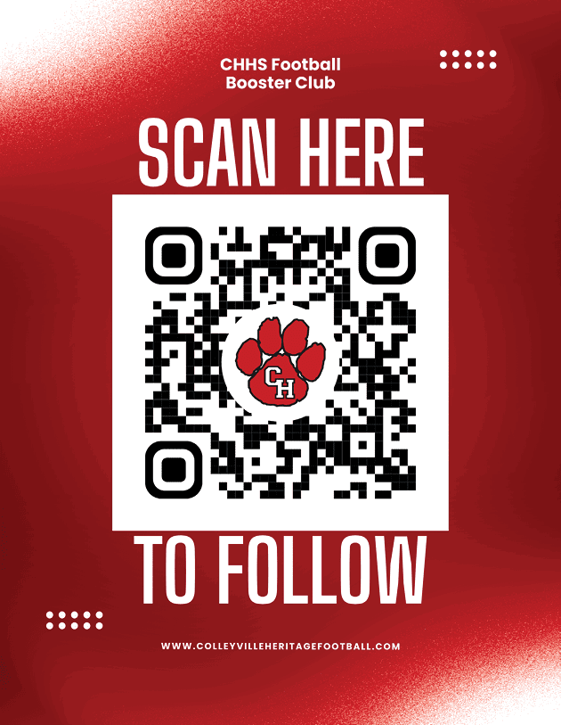 A red and white graphic with a QR code featuring a paw print and the letters CH, inviting viewers to scan to follow the CHHS Football Booster Club. Description generated by AI