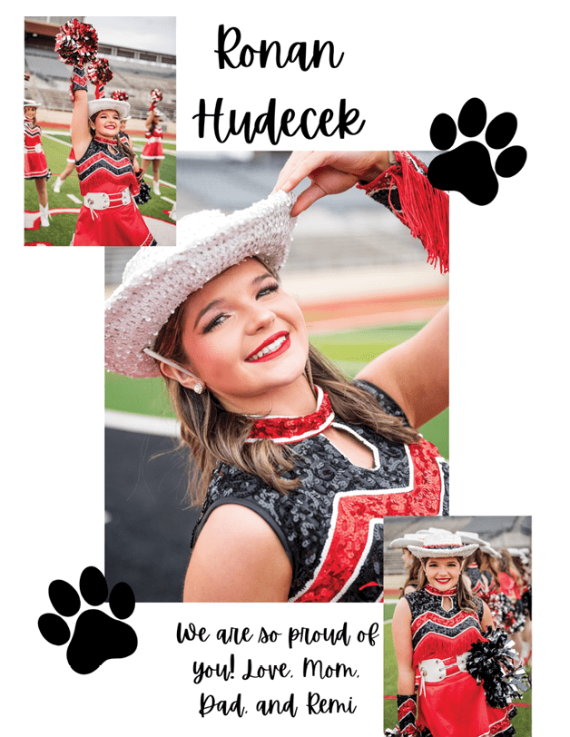 A collage features a person in a red and black sequined dance or cheer outfit with a white hat, smiling and posing on a sports field, accompanied by text expressing pride and love from family. Description generated by AI