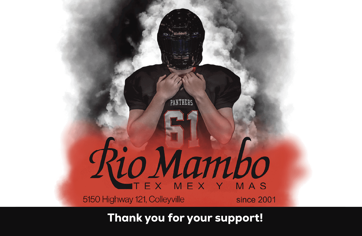 A person wearing a football uniform with the number 61 stands against a smoky background with the text “Rio Mambo Tex Mex y Mas" and an address below. Description generated by AI