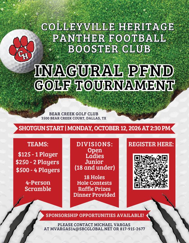 A promotional flyer for the Colleyville Heritage Panther Football Booster Club's inaugural PFND golf tournament at Bear Creek Golf Club in Dallas, Texas, featuring event details, team pricing, divisions, registration QR code, and contact information. Description generated by AI