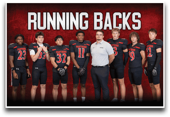 Seven people wearing black football uniforms with red and white accents stand next to one person in a white polo shirt and dark pants under the bold text “RUNNING BACKS" on a red textured background. Description generated by AI