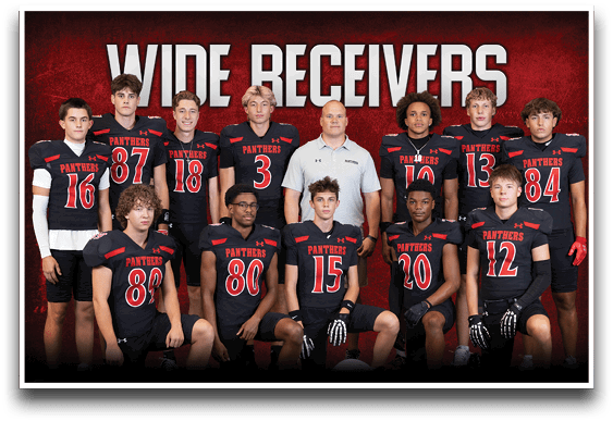 A group of people wearing black and red football uniforms with the word Panthers pose together in front of a red and black background with the words Wide Receivers above them. Description generated by AI