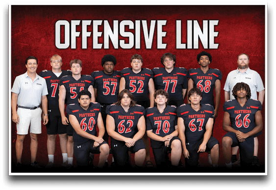 A group of adults wearing black football uniforms with red and white accents pose in two rows under the bold text “OFFENSIVE LINE" on a red background. Description generated by AI