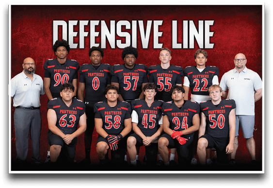 A group of people wearing black and red football uniforms with the word Panthers pose in two rows in front of a red background with the text Defensive Line. Description generated by AI