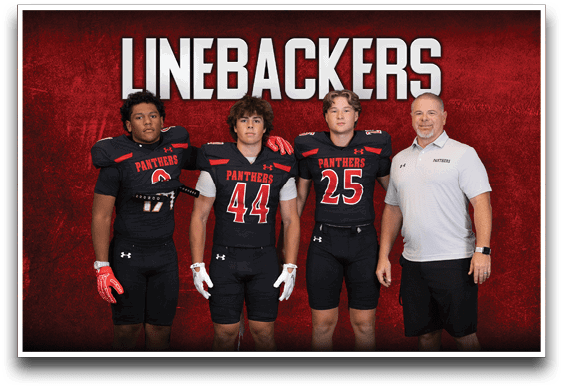 Three people in black football uniforms and one person in a white polo shirt and black shorts stand together in front of a red background with the word “LINEBACKERS" above them. Description generated by AI