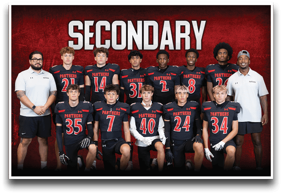 A group of people wearing black sports uniforms with red and white accents pose together in two rows in front of a red background with the word “SECONDARY" displayed above them. Description generated by AI