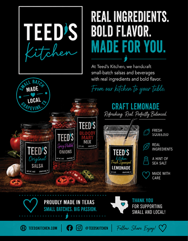 The logo features the words “TEED'S Kitchen" with a stylized chili pepper replacing the apostrophe, set against a black background with white and teal text. Description generated by AI