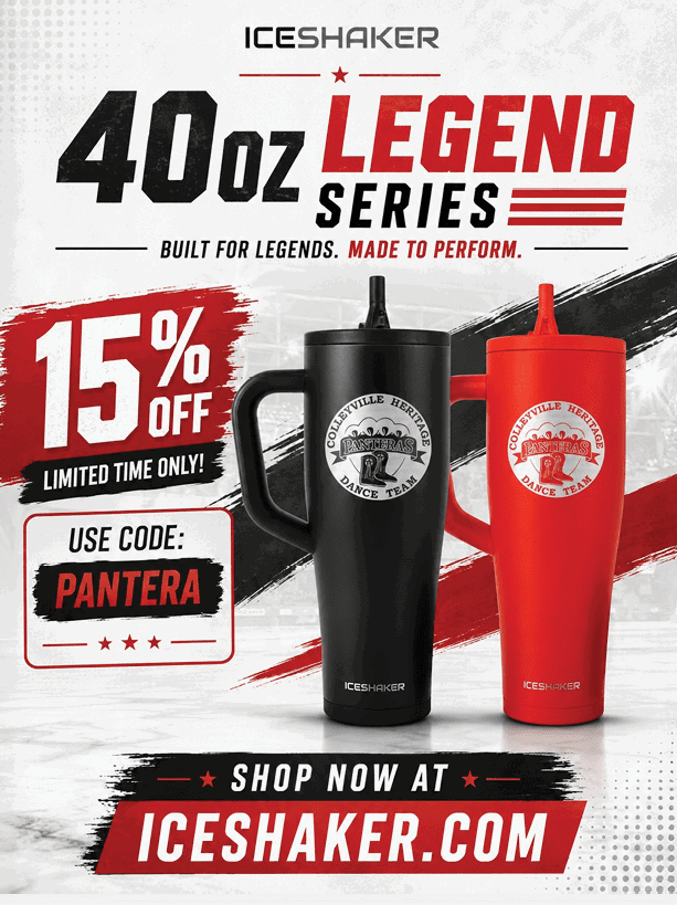 A promotional graphic for ICESHAKER's 40oz Legend Series featuring two large insulated drink containers in black and red with a 15% off discount code PANTERA and a call to shop at iceshaker.com. Description generated by AI