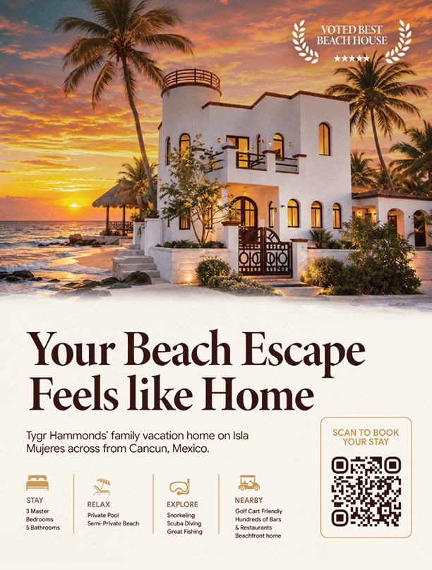 A white modern beach house with palm trees is set against a colorful sunset over the ocean, promoting a family vacation home with amenities like snorkeling, fishing, and a private pool. Description generated by AI