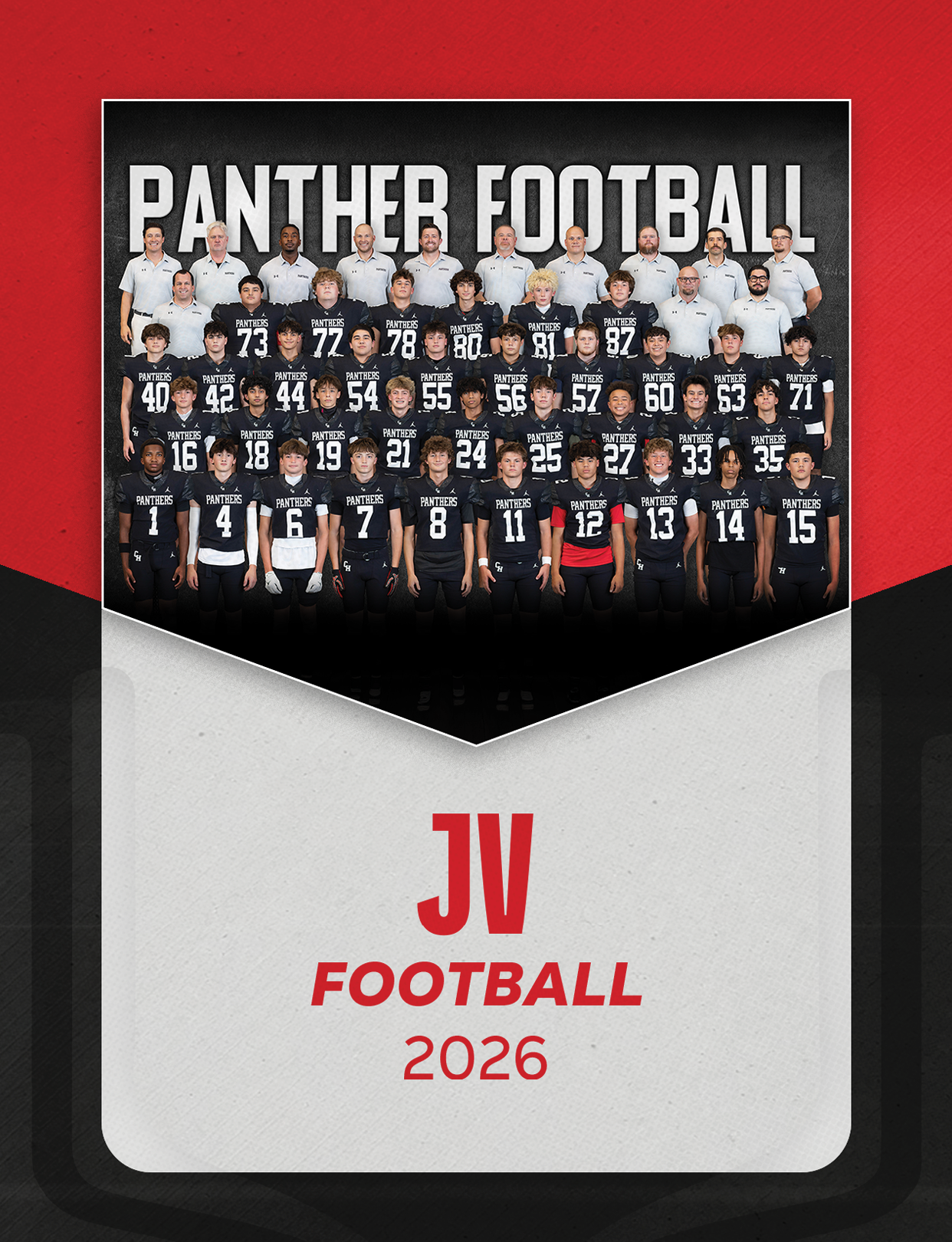 A group of people wearing football uniforms and coaches in white shirts pose for a team photo under the text Panther Football with JV Football 2026 written below. Description generated by AI