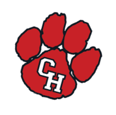 A red paw print with the white letters CH outlined in black inside the largest pad. Description generated by AI