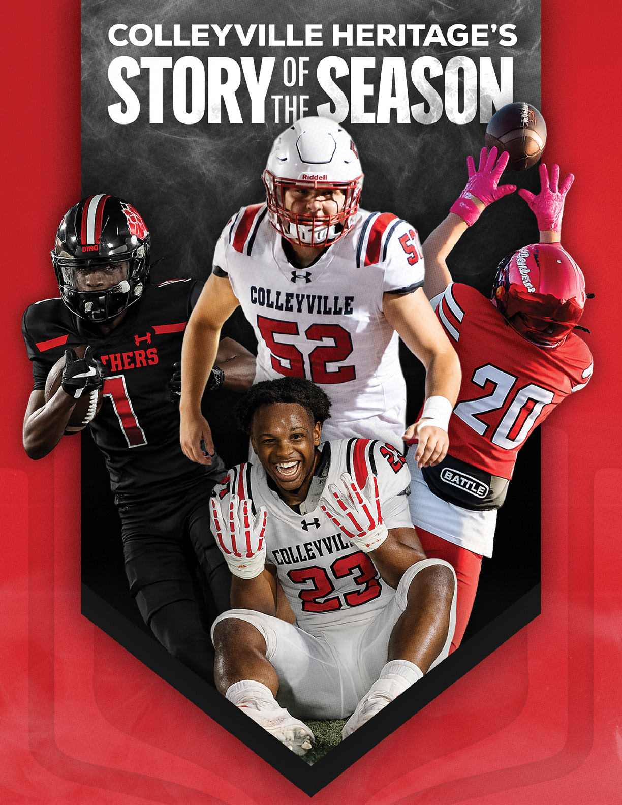 Four athletes in football uniforms from Colleyville Heritage are posed dynamically against a red and black background with the text “Colleyville Heritage's Story of the Season" above them. Description generated by AI