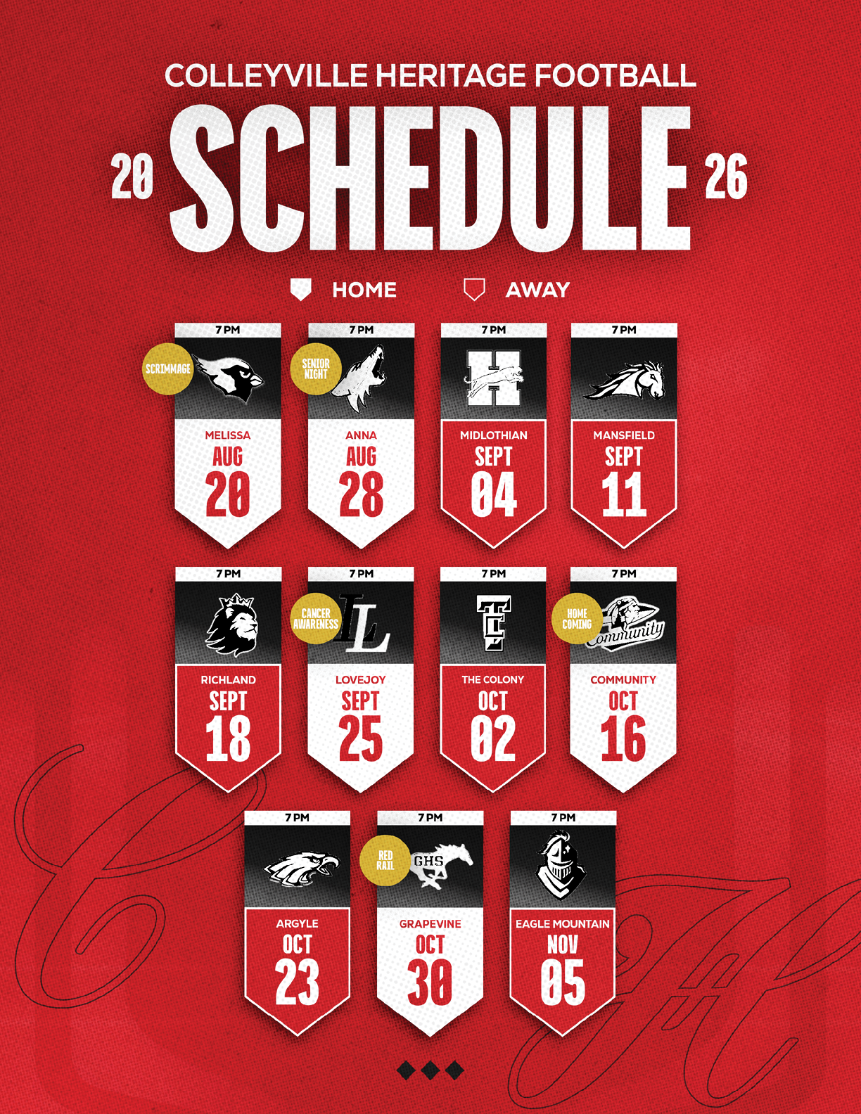Colleyville Heritage Football 2026 schedule displayed with home and away games, team logos, dates, and times on a red background. Description generated by AI
