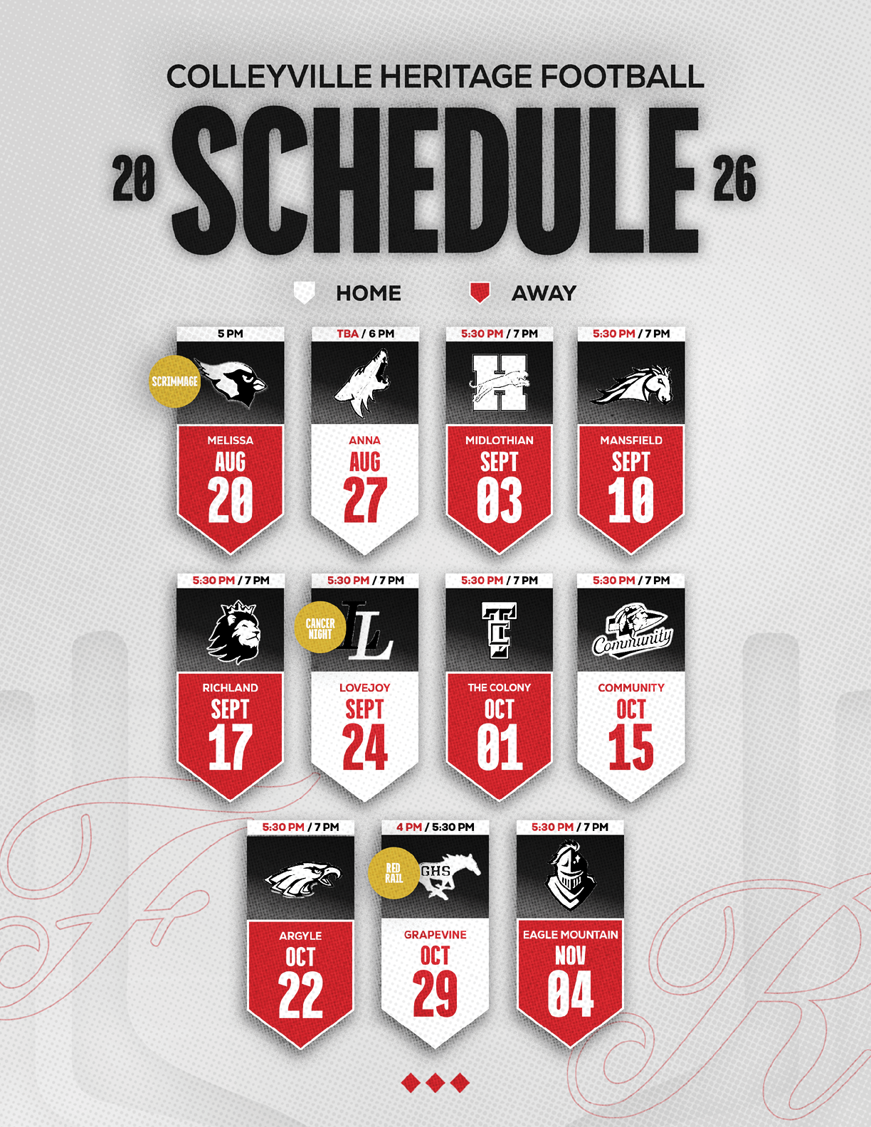 The Colleyville Heritage Football 2026 schedule displays home and away games with dates and team logos in a red, white, and black color scheme. Description generated by AI