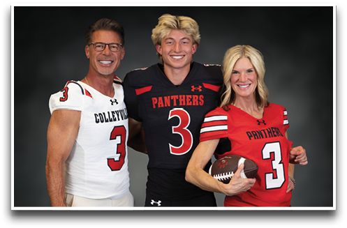 Three adults wearing football jerseys with the number 3 pose smiling against a dark background, with one holding a football. Description generated by AI