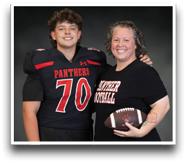 A person wearing a football uniform with the number 70 stands next to another person holding a football and wearing a shirt that says “Panther Football," both smiling against a dark background. Description generated by AI