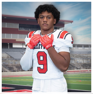 A football player wearing a blue and red jersey. Description generated by AI