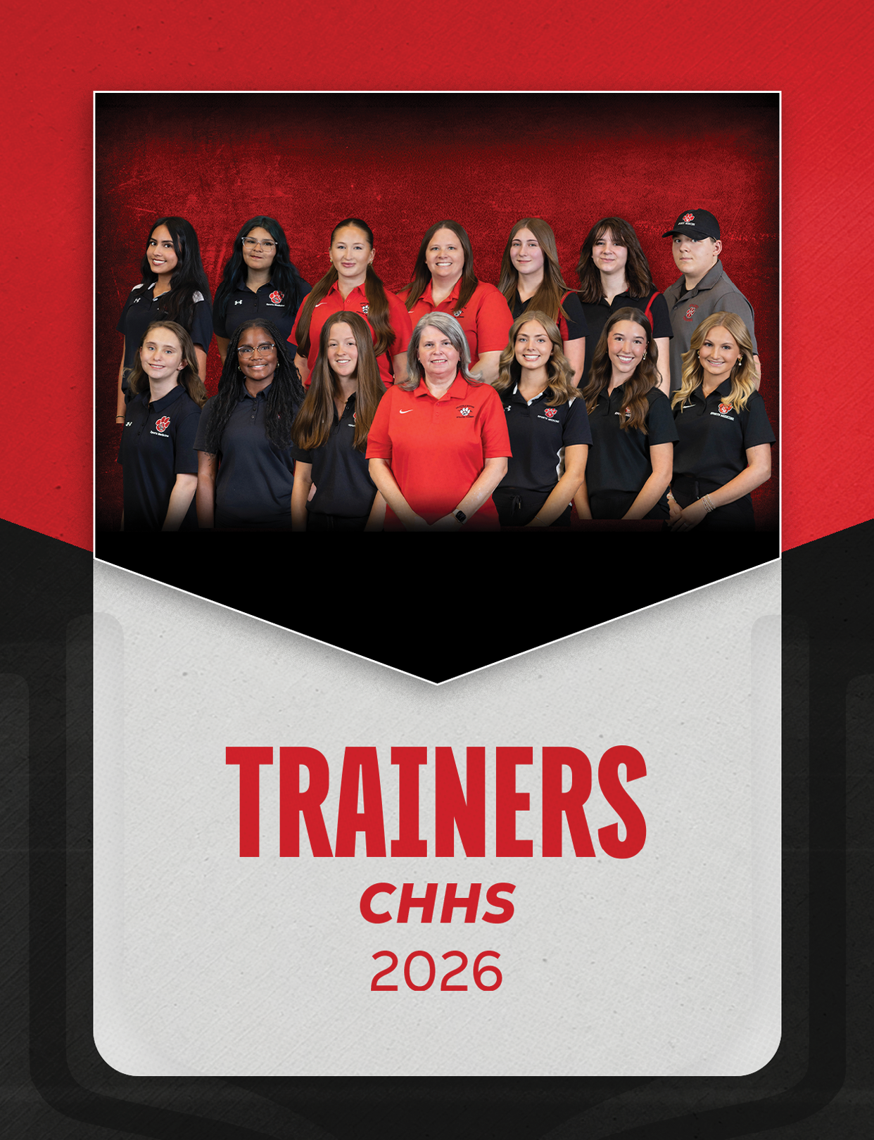 A group of adults wearing matching red and black shirts pose together under the bold title “TRAINERS" with "CHHS 2026" written below on a red, black, and white background. Description generated by AI