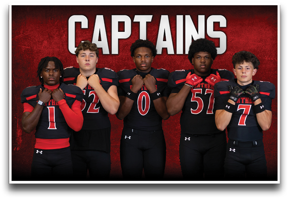 Five adults wearing black and red football uniforms stand in a row with their fists raised near their chests against a red background with the word “CAPTAINS" above them. Description generated by AI
