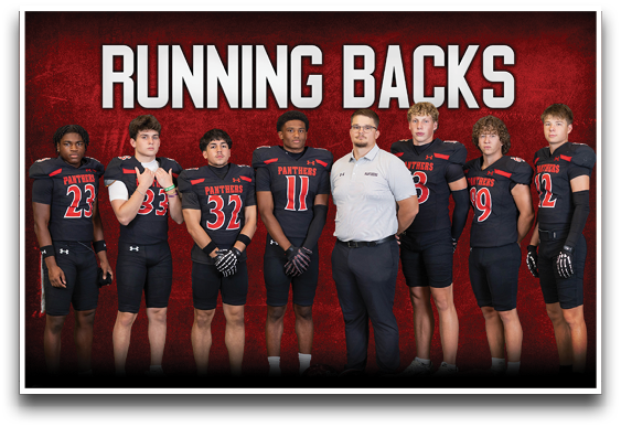 Seven people wearing black football uniforms with red and white accents stand next to one person in a white polo shirt and dark pants under the bold text “RUNNING BACKS" on a red textured background. Description generated by AI