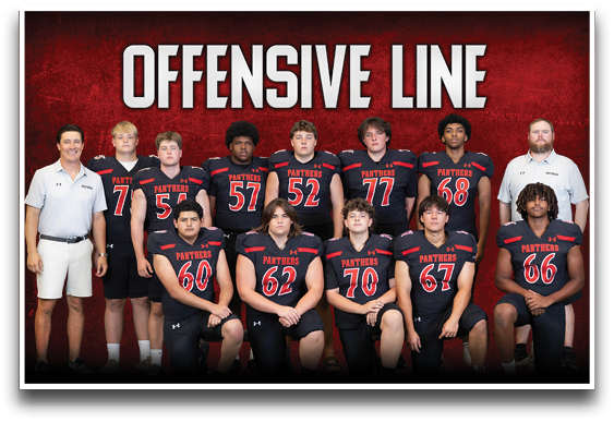 A group of adults wearing black football uniforms with red and white accents pose in two rows under the bold text “OFFENSIVE LINE" on a red background. Description generated by AI
