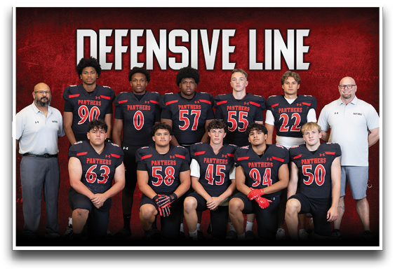A group of people wearing black and red football uniforms with the word Panthers pose in two rows in front of a red background with the text Defensive Line. Description generated by AI