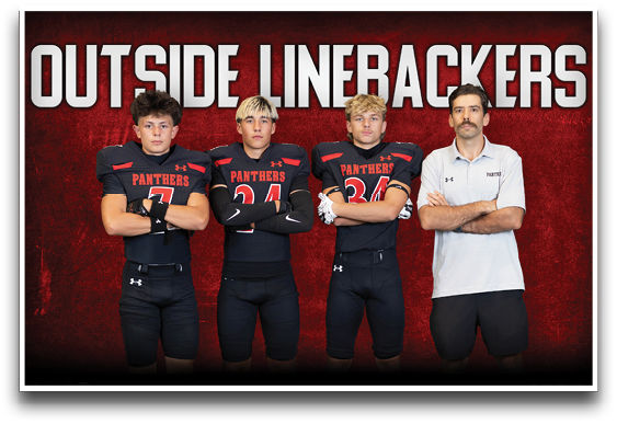 Three people in black football uniforms with “Panthers" on the chest stand with arms crossed next to a person in a white polo shirt under the heading "Outside Linebackers" on a red background. Description generated by AI