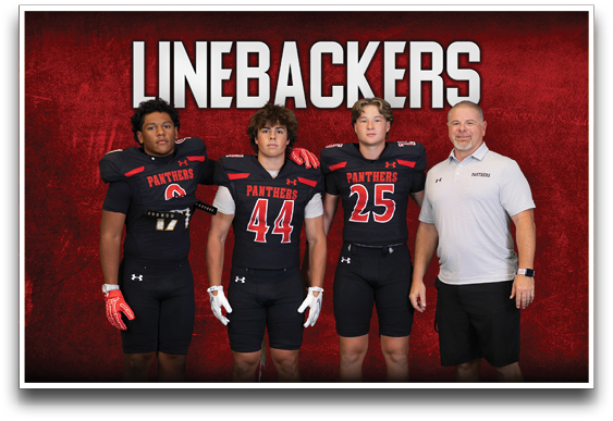 Three people in black football uniforms and one person in a white polo shirt and black shorts stand together in front of a red background with the word “LINEBACKERS" above them. Description generated by AI