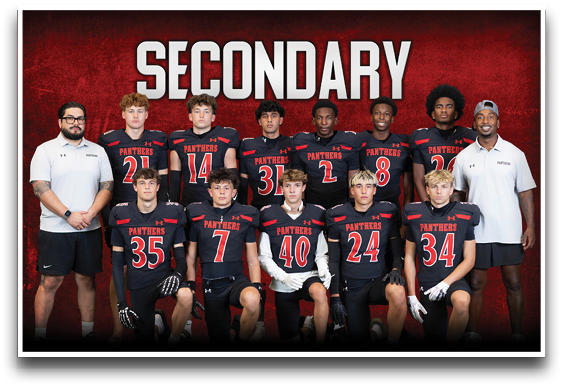 A group of people wearing black sports uniforms with red and white accents pose together in two rows in front of a red background with the word “SECONDARY" displayed above them. Description generated by AI