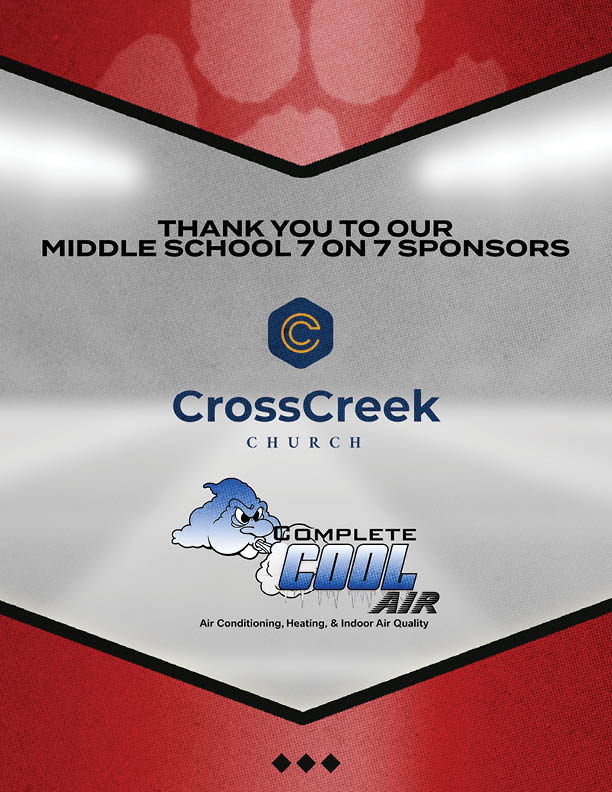 Thank you message for middle school 7 on 7 sponsors featuring logos for CrossCreek Church and Complete Cool Air on a red and silver background. Description generated by AI
