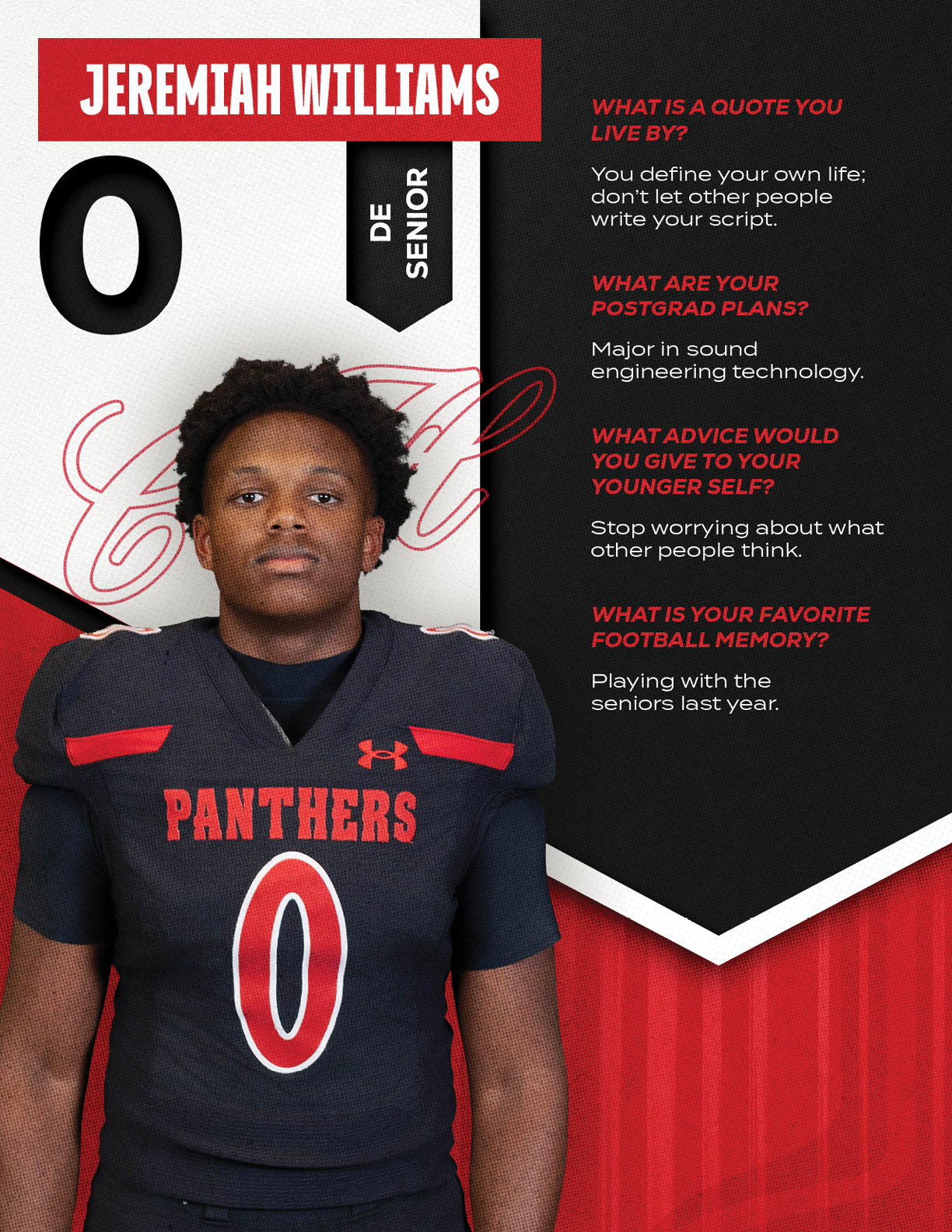 A person wearing a black football uniform with the number zero and the word Panthers stands next to text about Jeremiah Williams including his senior status, postgrad plans in sound engineering technology, advice to younger self, and favorite football memory. Description generated by AI