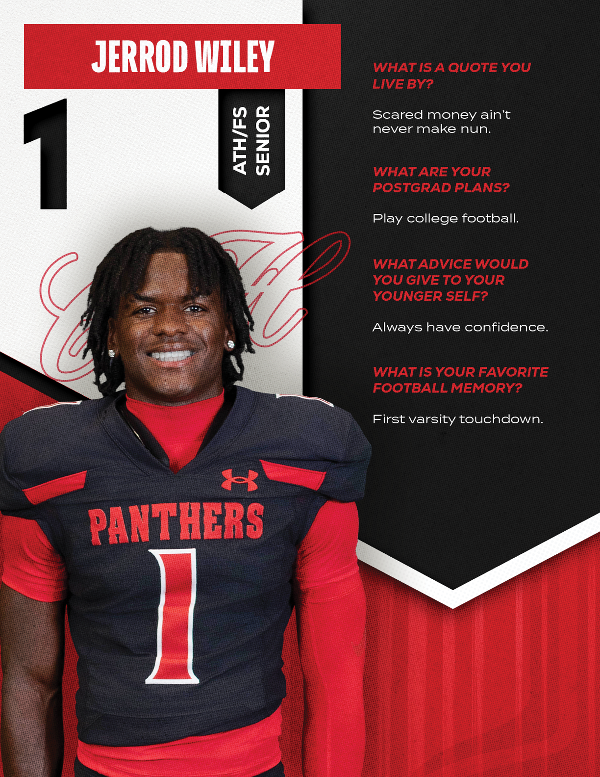 An adult with shoulder-length dreadlocks wearing a black and red Panthers football uniform with the number one smiles while standing next to text about their athletic senior year and football-related questions and answers. Description generated by AI