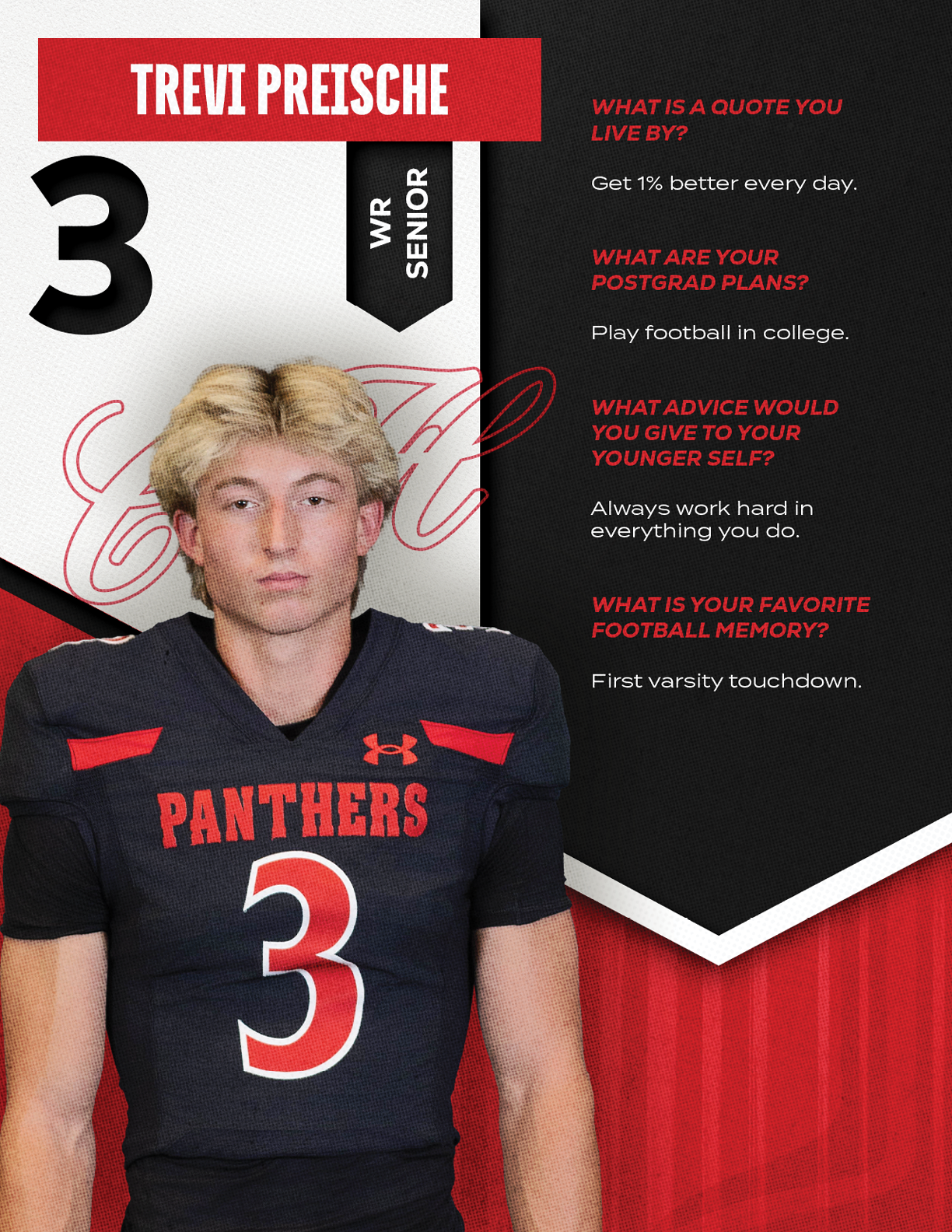 Person with short blond hair wearing a black football jersey with the number three and the word Panthers stands in front of a graphic background featuring motivational text and postgrad plans. Description generated by AI