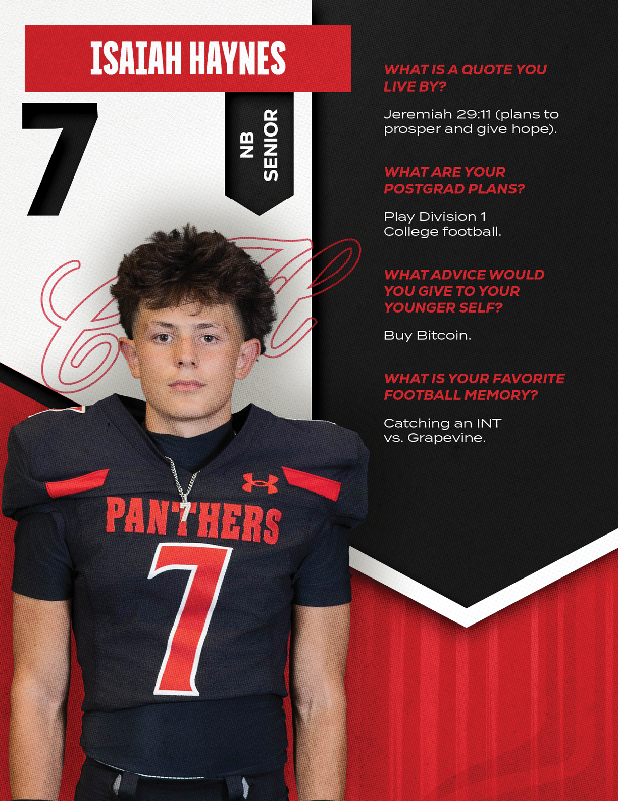 A person wearing a black and red football uniform with the number seven stands next to a graphic featuring the name Isaiah Haynes, senior status, and text about quotes, post-graduation plans, advice, and a favorite football memory. Description generated by AI