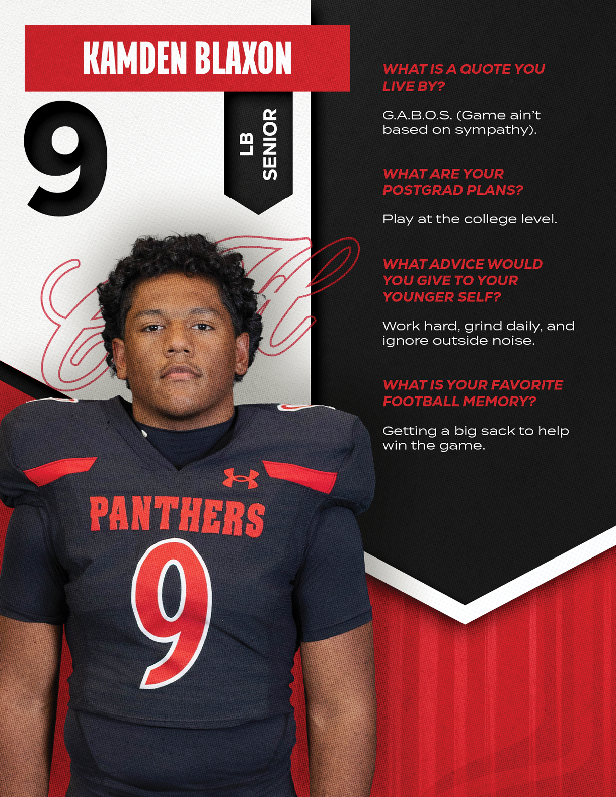 A person wearing a Panthers football uniform with the number 9 stands in front of a graphic background featuring their name Kamden Blaxon and text about quotes, postgrad plans, advice, and favorite football memory. Description generated by AI