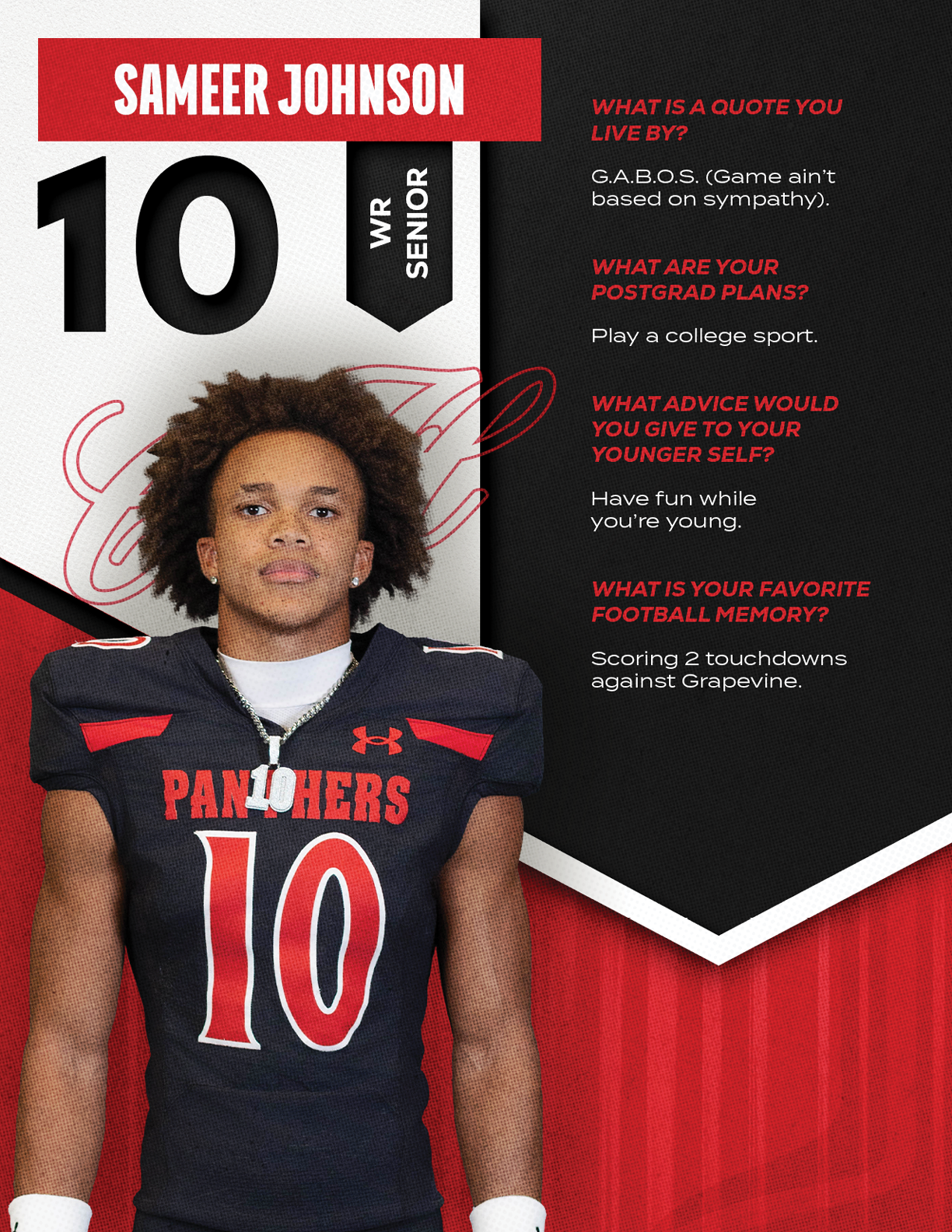 A person with curly hair wearing a black football jersey with the number 10 and the word Panthers stands next to text about their senior year, postgrad plans, advice, and favorite football memory. Description generated by AI
