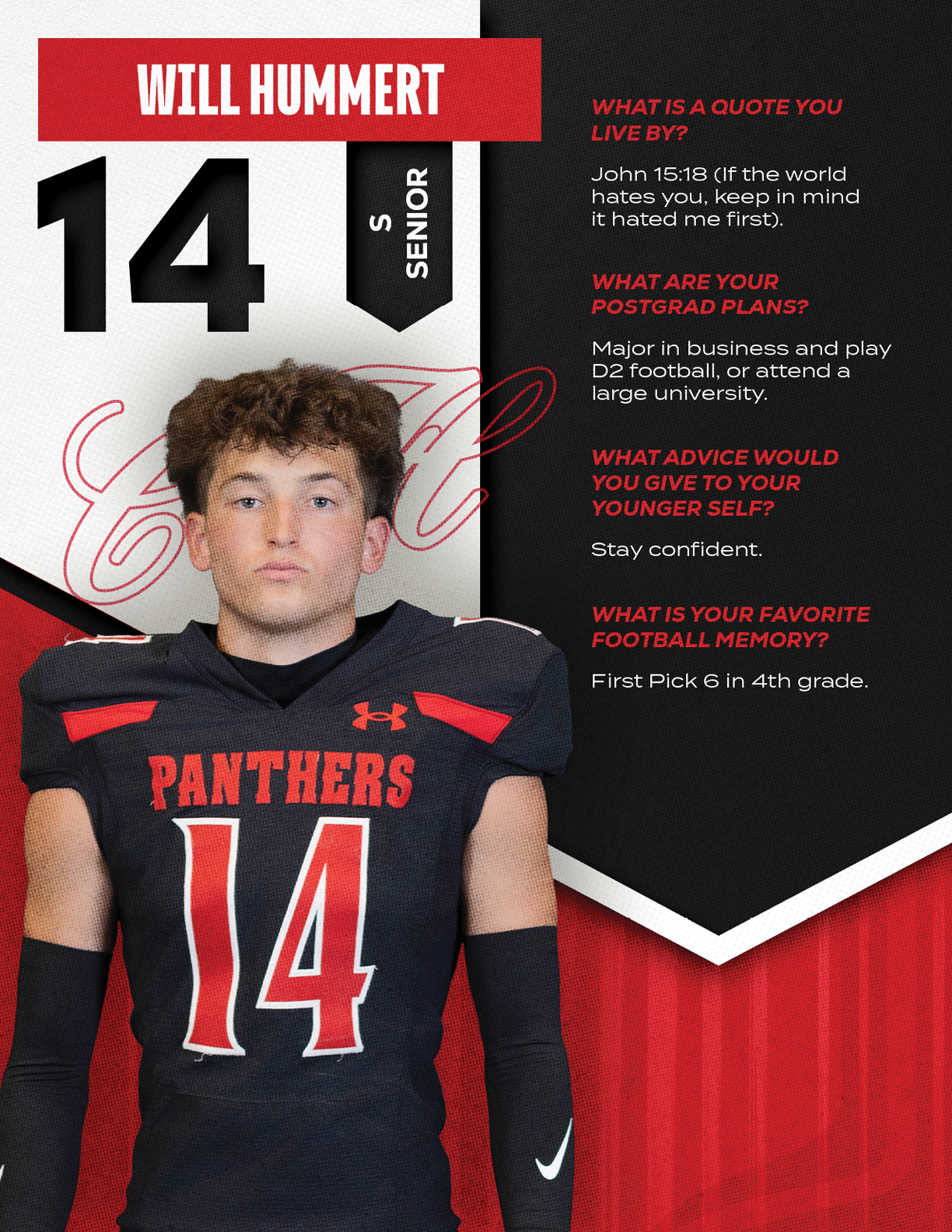 A person wearing a black and red football uniform with the number 14 stands in front of a graphic background that includes the name Will Hummert, senior status, and text about a favorite quote, postgrad plans, advice to younger self, and favorite football memory. Description generated by AI