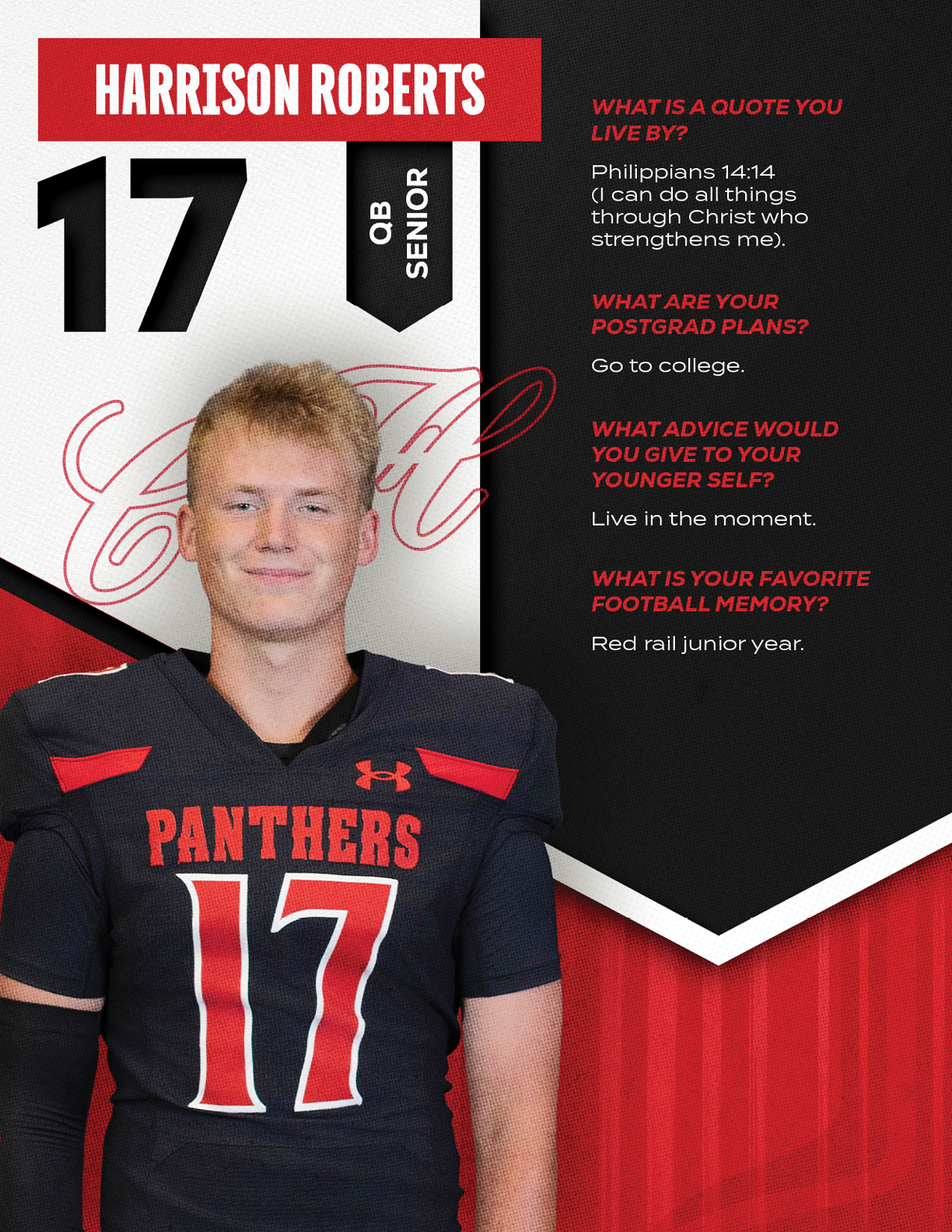 A person wearing a black and red Panthers football jersey with the number 17 stands next to text featuring the name Harrison Roberts, class year, and personal quotes about a favorite quote, postgrad plans, advice to younger self, and a favorite football memory. Description generated by AI