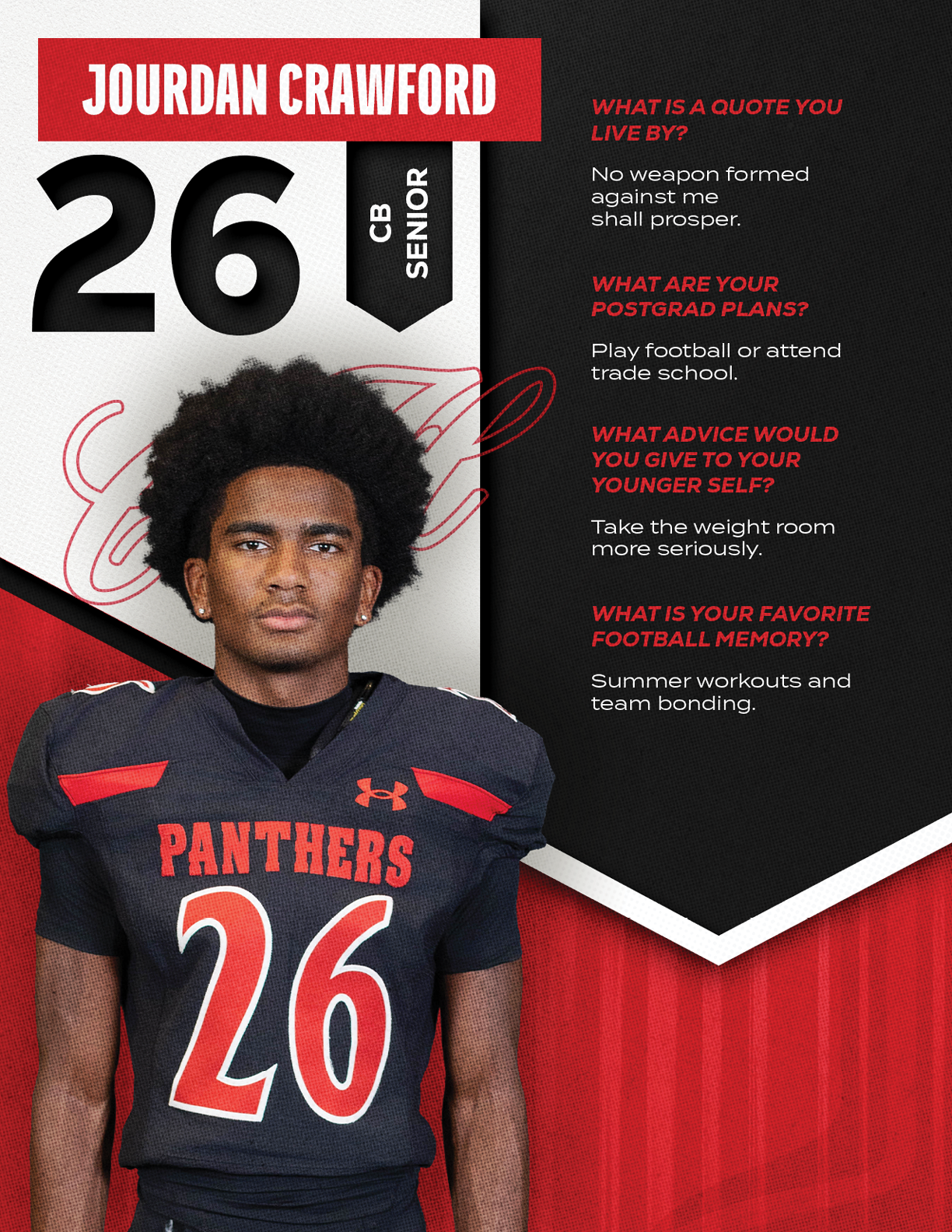 A person wearing a football uniform with the number 26 and the word Panthers stands next to text with their name Jourdan Crawford, position CB Senior, and answers about a quote, postgrad plans, advice, and favorite football memory. Description generated by AI