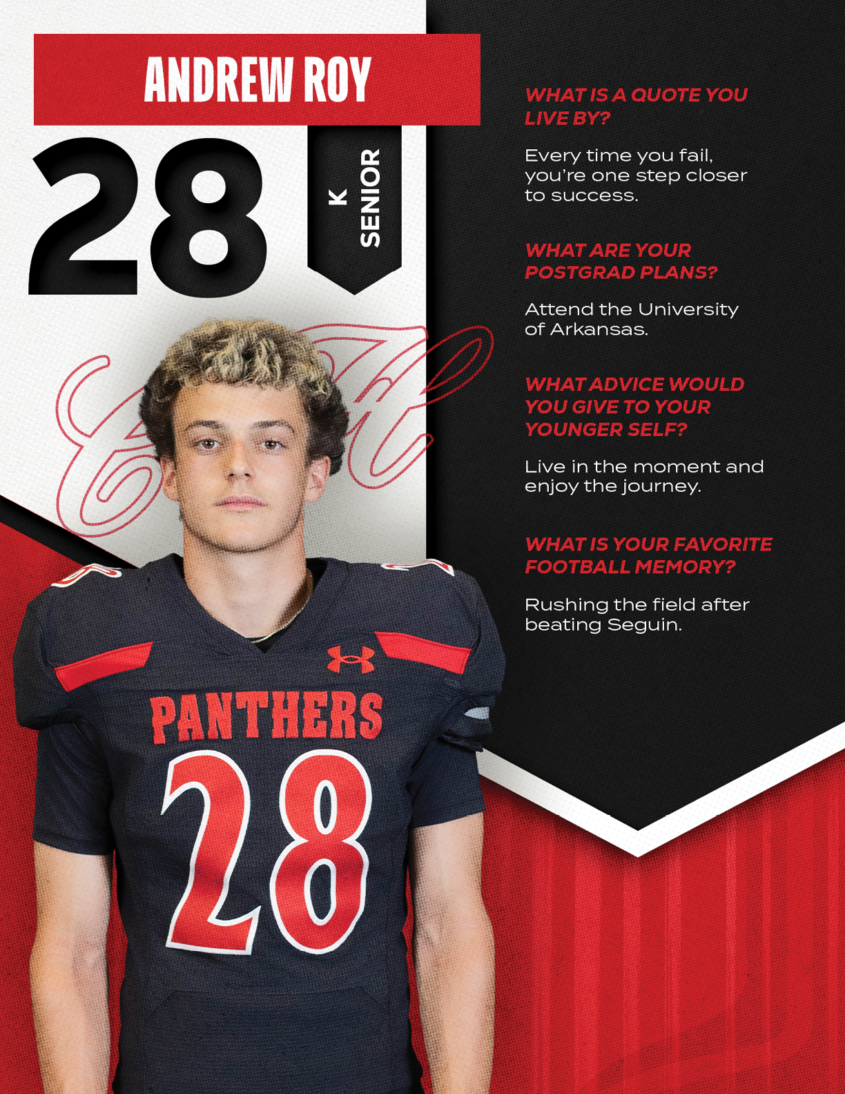 A person wearing a black and red football jersey with the number 28 stands in front of a graphic background featuring the name Andrew Roy, senior status, and text about quotes, postgrad plans, advice, and favorite football memory. Description generated by AI