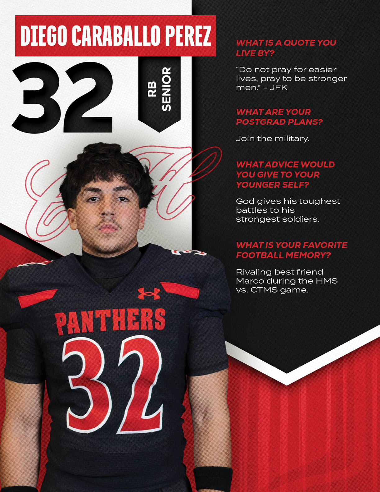 A person wearing a black football uniform with the number 32 and the word Panthers stands next to text featuring their name, position, and answers to questions about quotes, post-graduation plans, advice, and favorite football memory. Description generated by AI