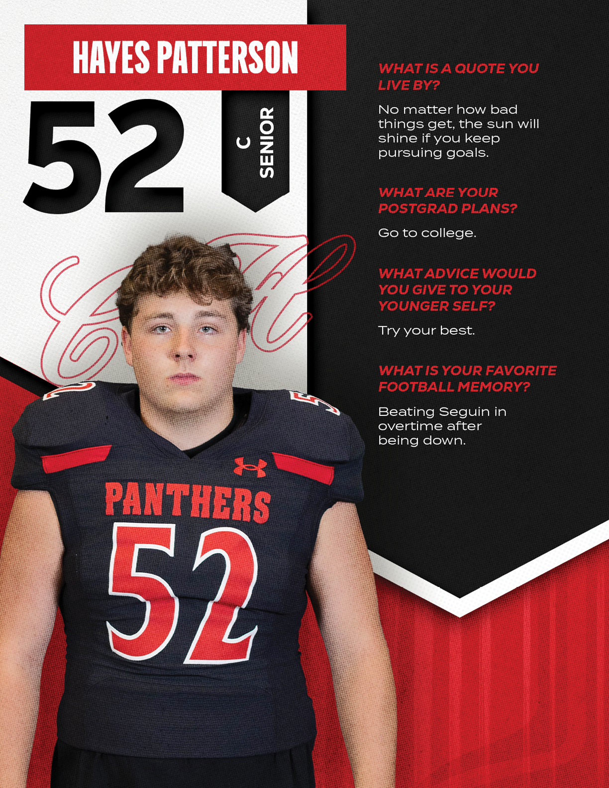 A person wearing a black football jersey with the number 52 and the word Panthers stands next to a graphic listing their name, senior status, and personal quotes about life, post-graduation plans, advice, and a favorite football memory. Description generated by AI