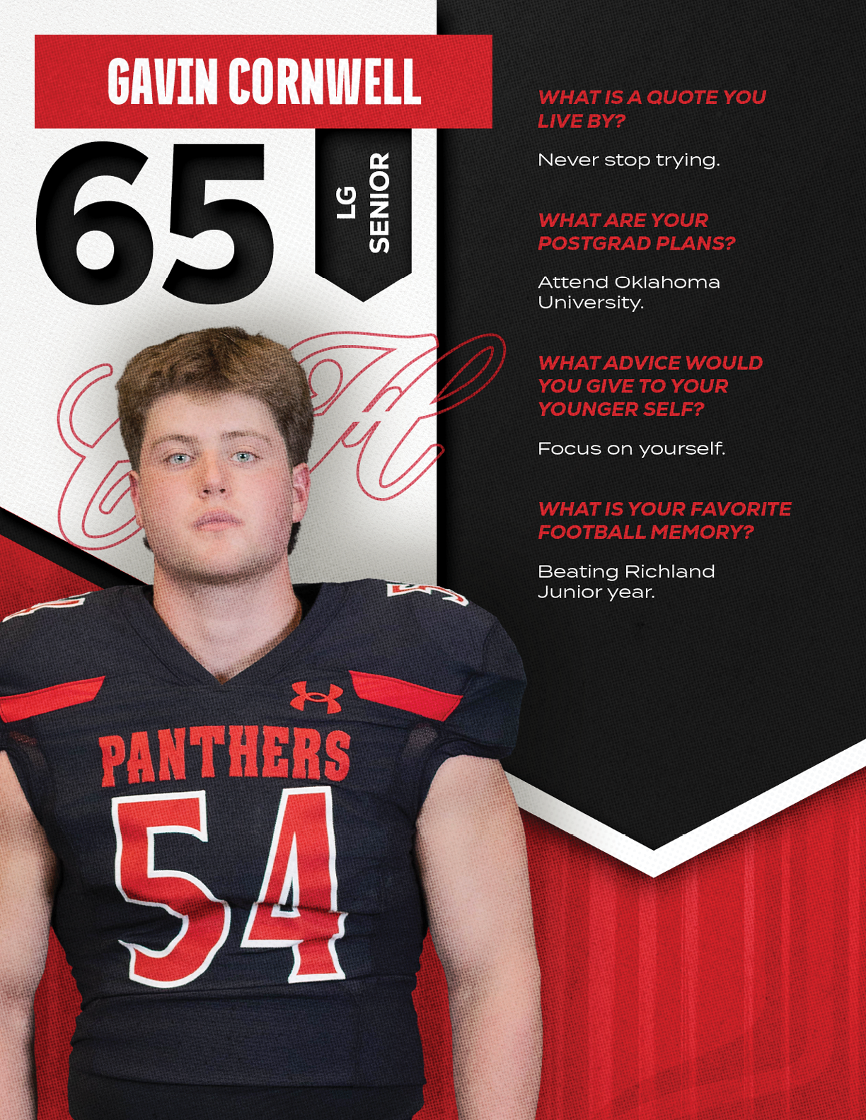 A person wearing a Panthers football jersey with the number 54 stands next to text highlighting their name, position, senior status, and answers about a favorite quote, postgrad plans, advice to younger self, and favorite football memory. Description generated by AI