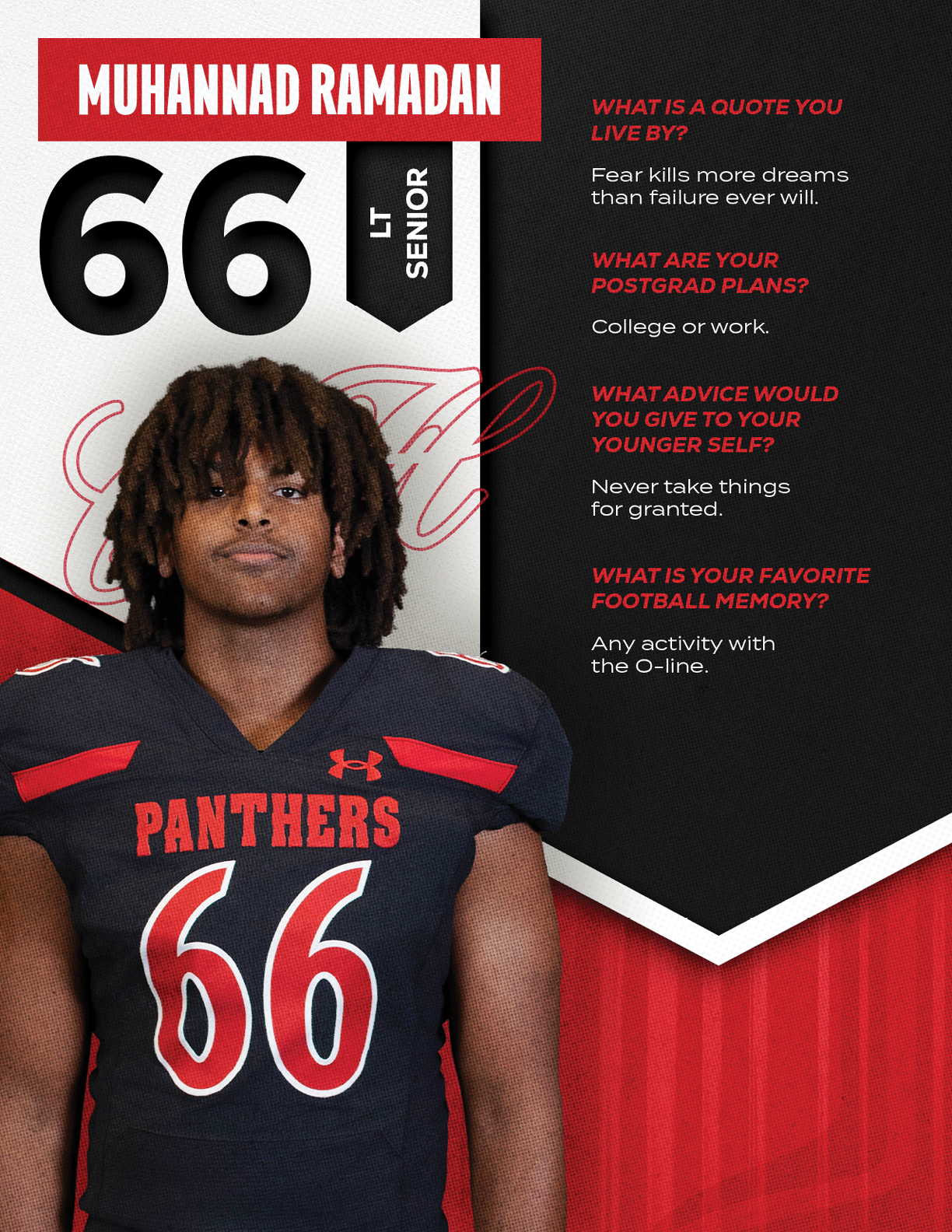 A person with medium-length dreadlocks wearing a black and red football jersey with the number 66 and the word Panthers stands next to text detailing their name, position as a senior, and answers about a favorite quote, postgrad plans, advice to younger self, and favorite football memory. Description generated by AI