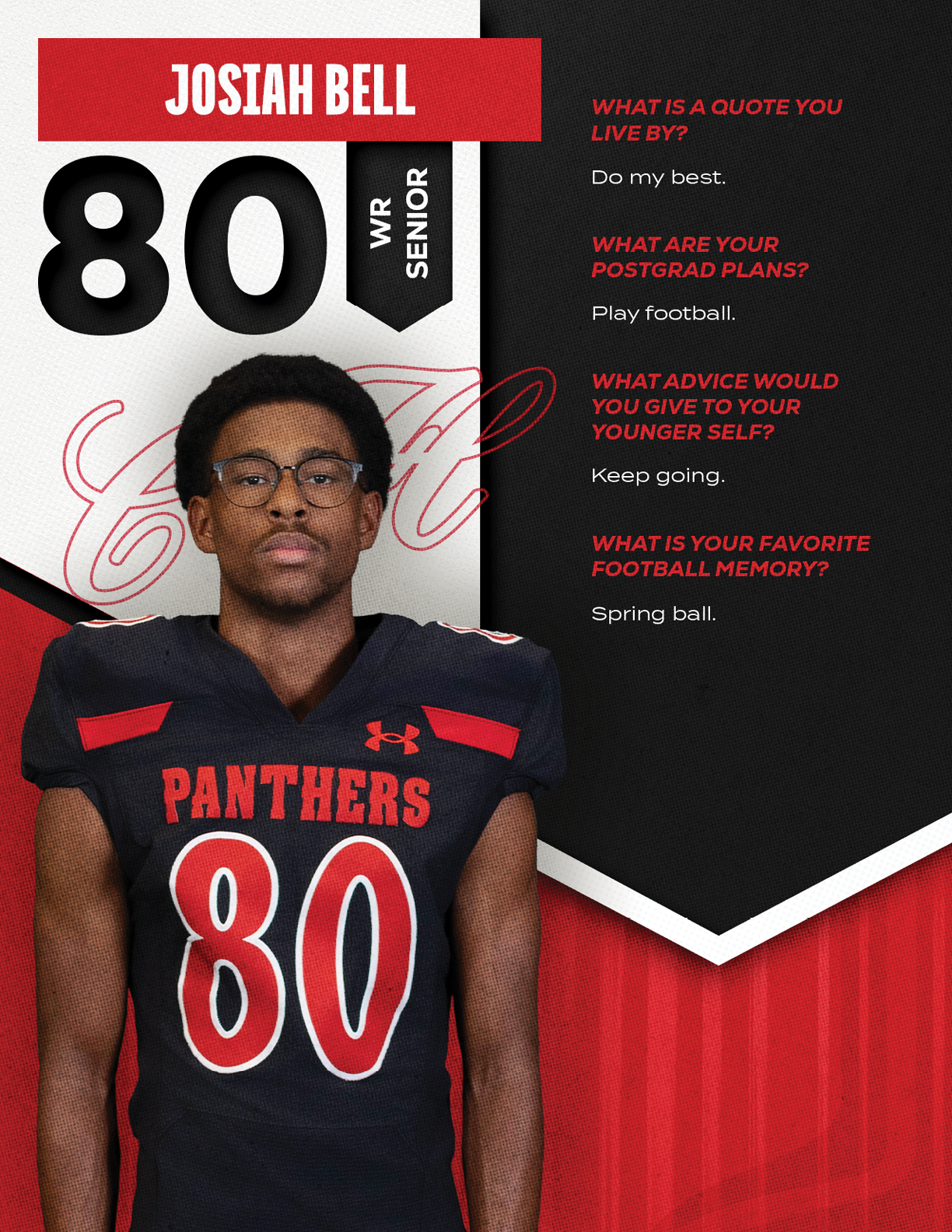 A person wearing a black and red Panthers football uniform with the number 80 stands next to text featuring their name Josiah Bell, senior status, and answers about their favorite quote, postgrad plans, advice to younger self, and favorite football memory. Description generated by AI